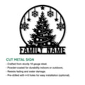 Christmas tree metal sign shown with a product feature guide for indoor or outdoor display