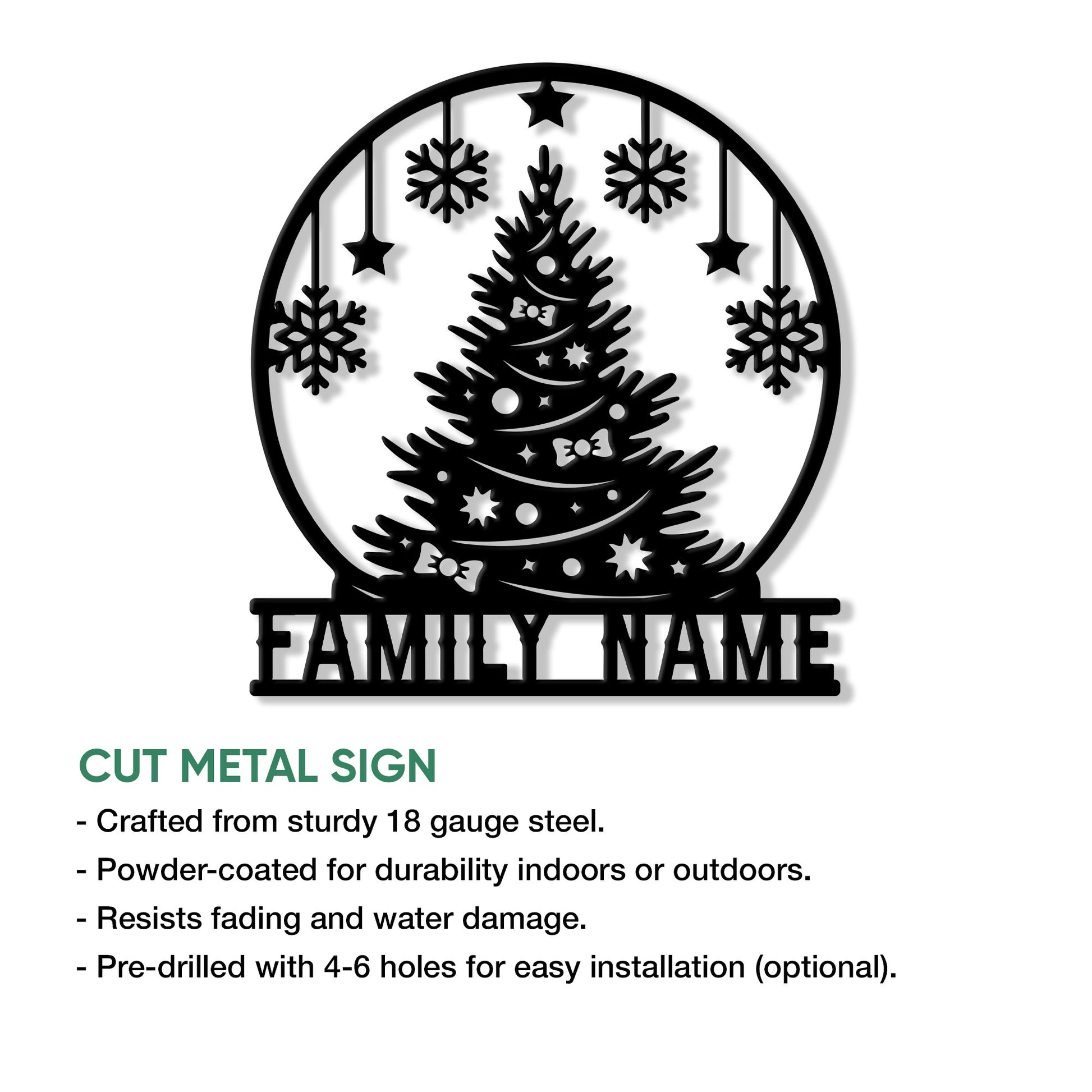 Christmas tree metal sign shown with a product feature guide for indoor or outdoor display