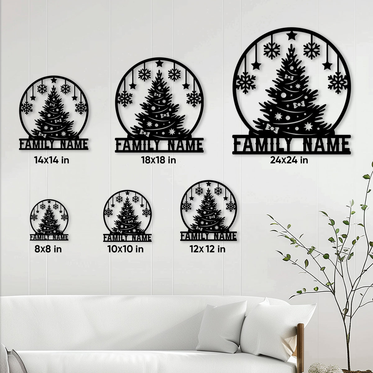 Christmas tree metal sign size guide showing options from 8 by 8 to 24 by 24 inches