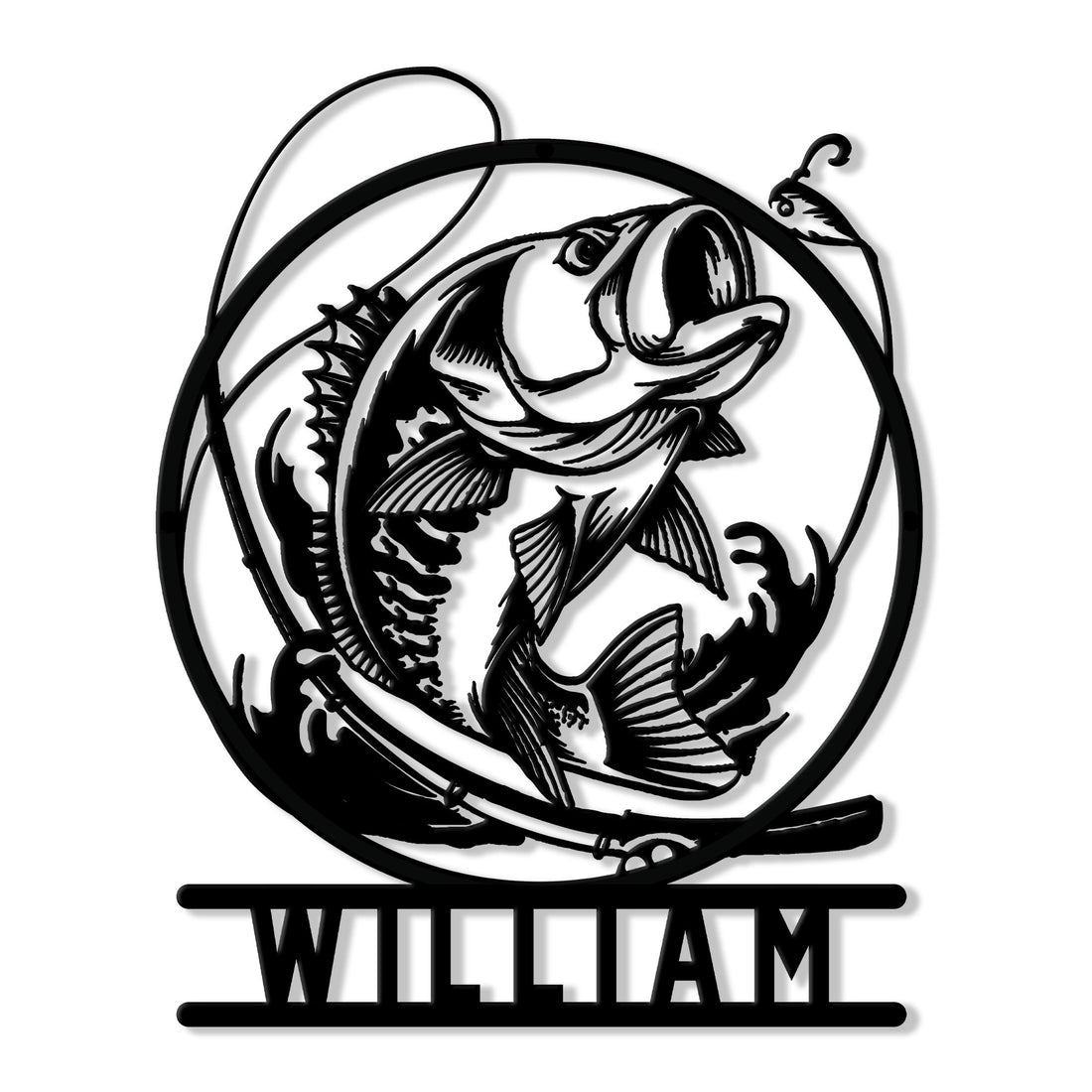 Bass fishing metal sign featuring a detailed largemouth bass, fishing rod, hook, and circular design