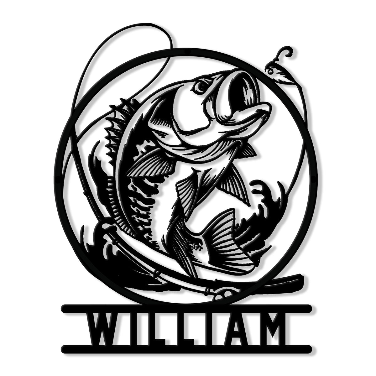 Bass fishing metal sign featuring a detailed largemouth bass, fishing rod, hook, and circular design