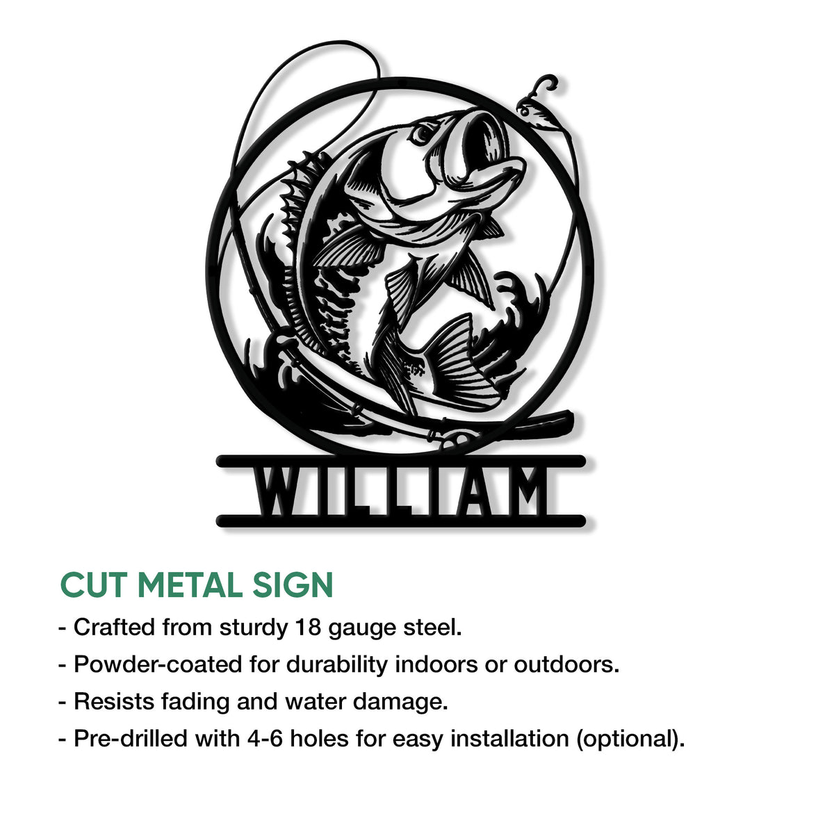 Bass fishing metal sign feature graphic highlighting cut-metal construction and optional mounting holes