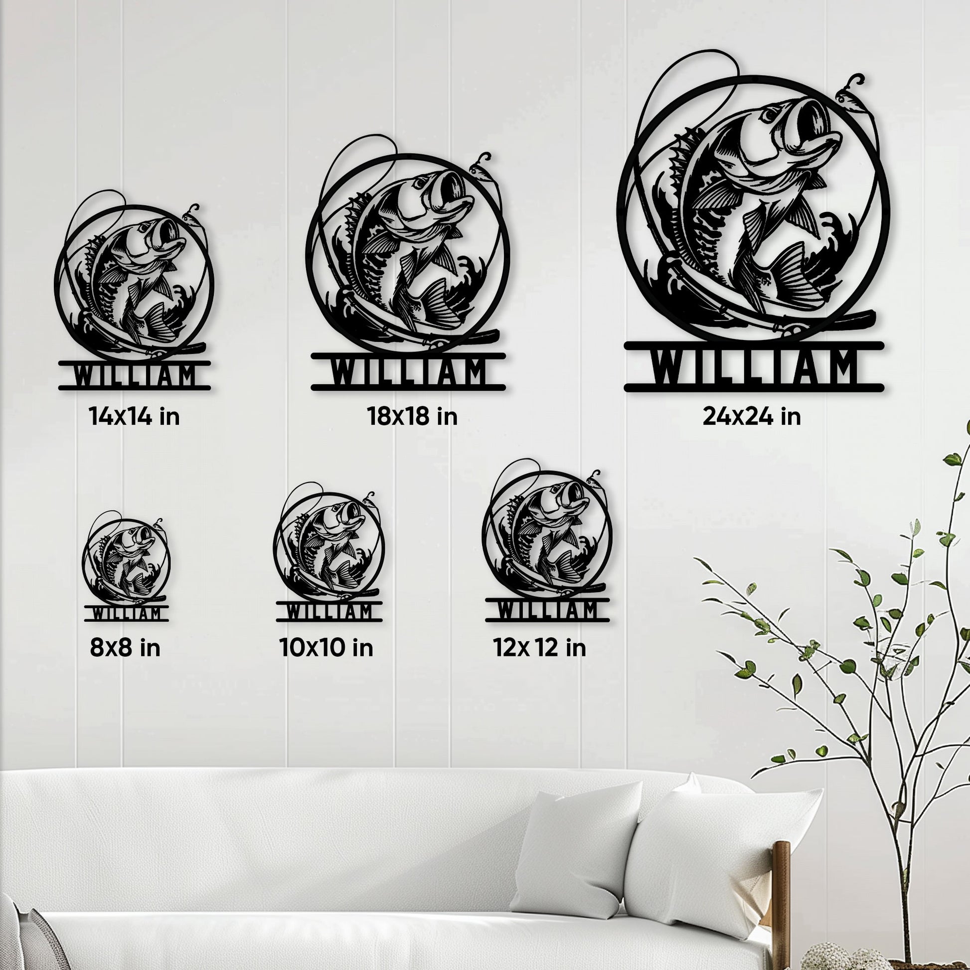 Bass fishing metal sign size guide showing available 8, 10, 12, 14, 18, and 24 inch options
