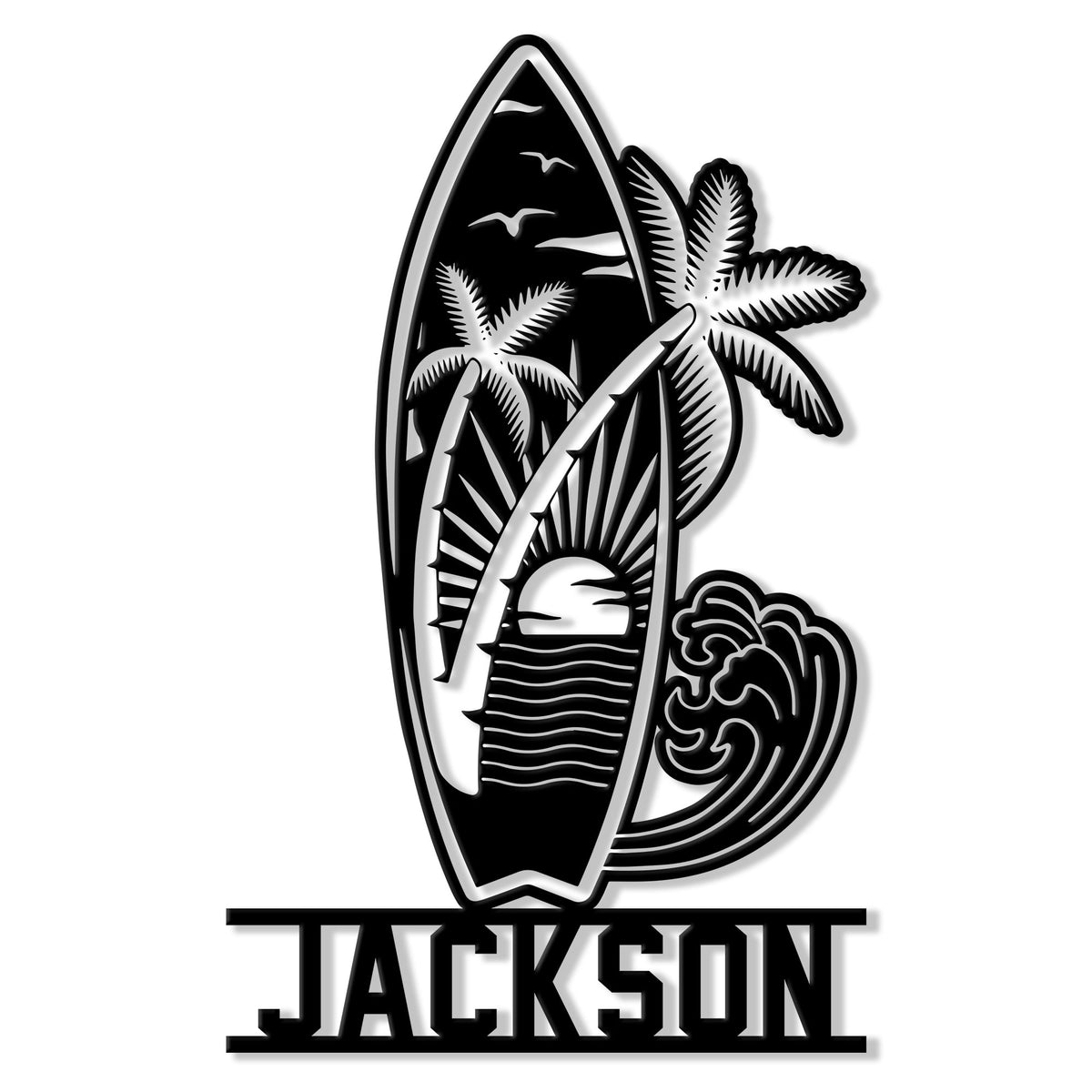 Custom surfing metal sign featuring a tropical surfboard, palm trees, ocean wave, sunset, and birds