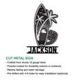 Surfing metal sign feature graphic showing a tropical surfboard design and cut metal sign construction