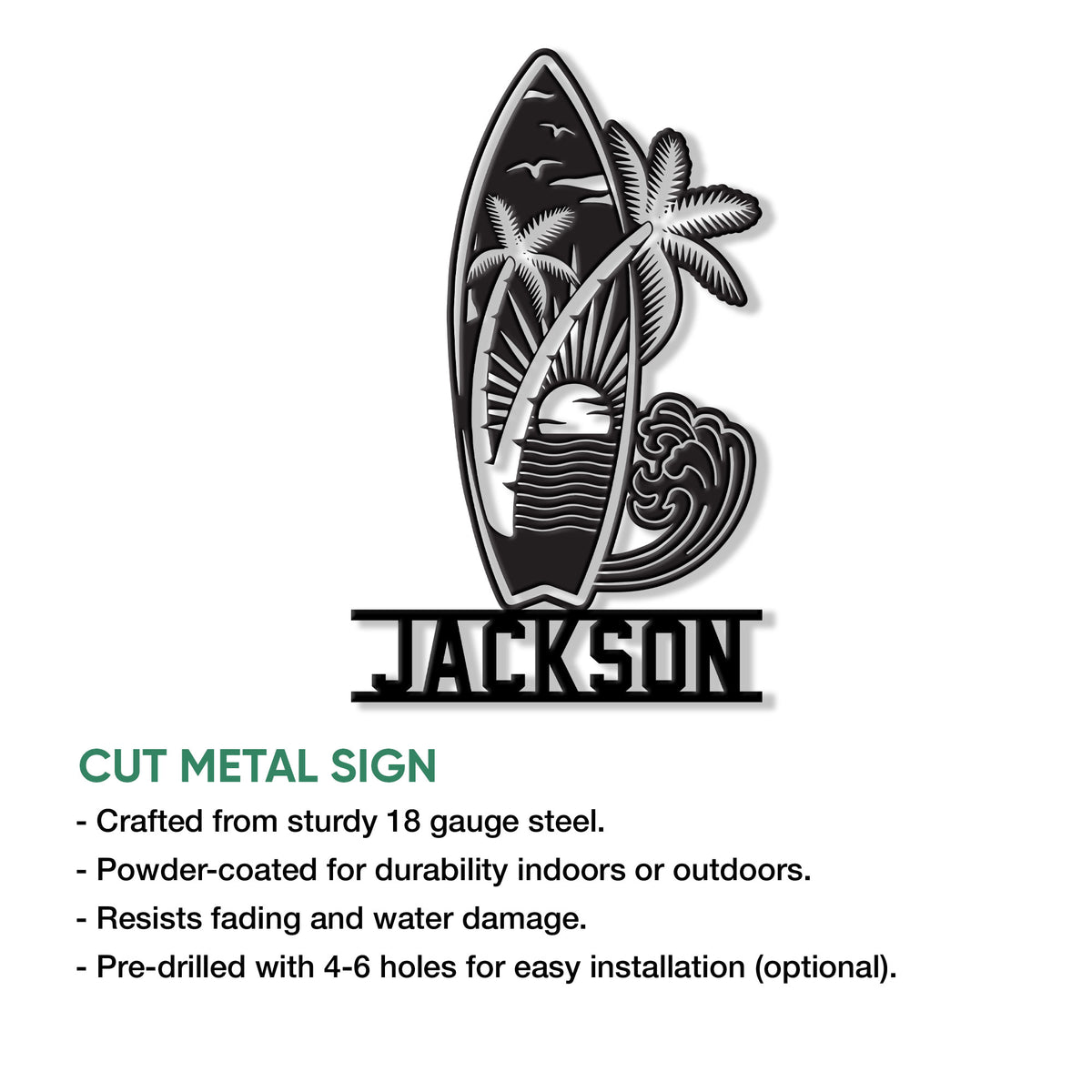 Surfing metal sign feature graphic showing a tropical surfboard design and cut metal sign construction