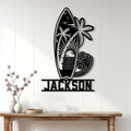 Surfing wall decor displayed on a white paneled wall above a console table