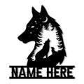 Custom wolf metal sign featuring a moonlit forest silhouette with two wolf pups and evergreen trees