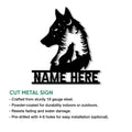 Wolf family cut metal sign shown with a moonlit forest design and product feature details