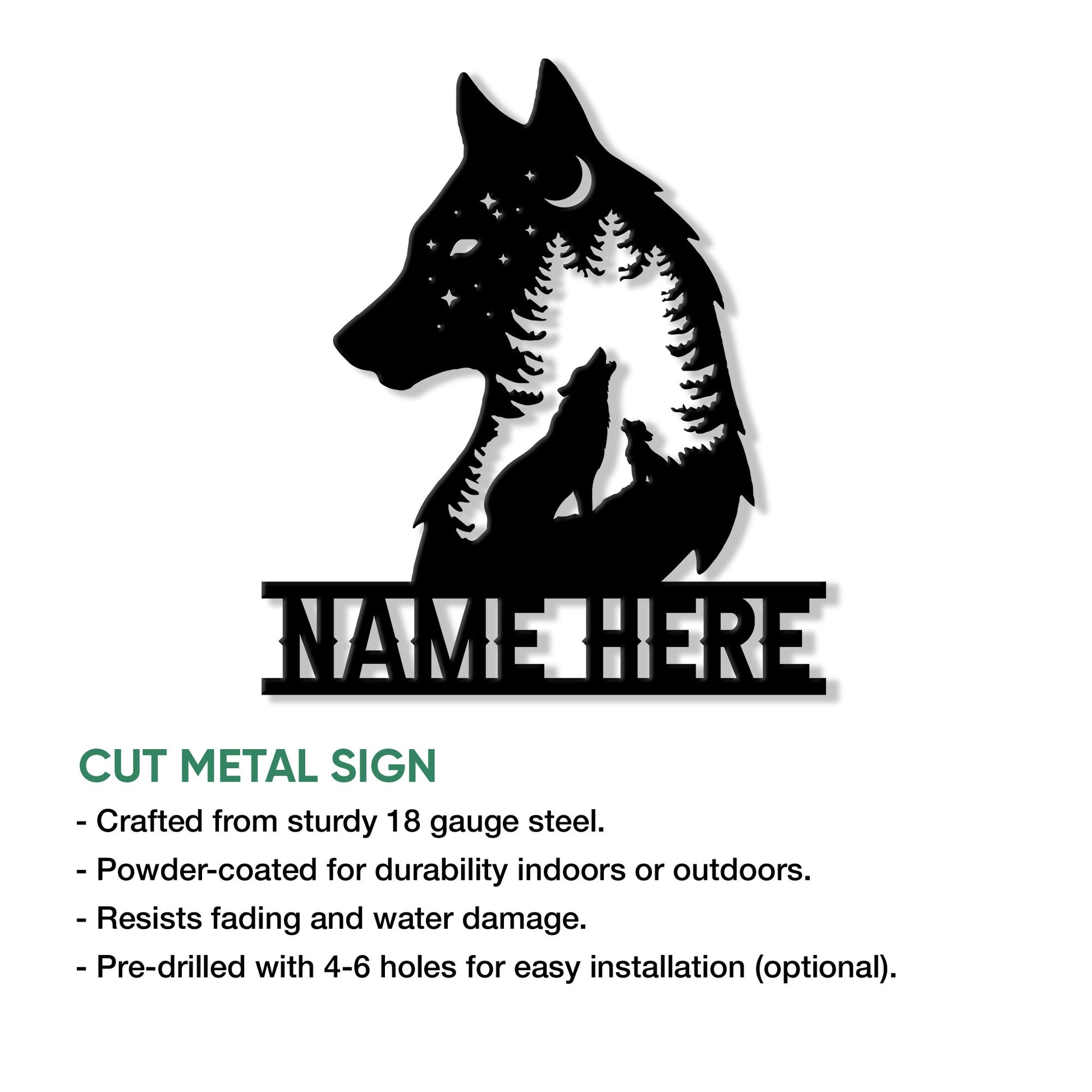 Wolf family cut metal sign shown with a moonlit forest design and product feature details