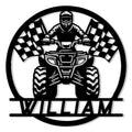Custom ATV metal sign featuring a helmeted rider on a quad with racing flags in a bold black design