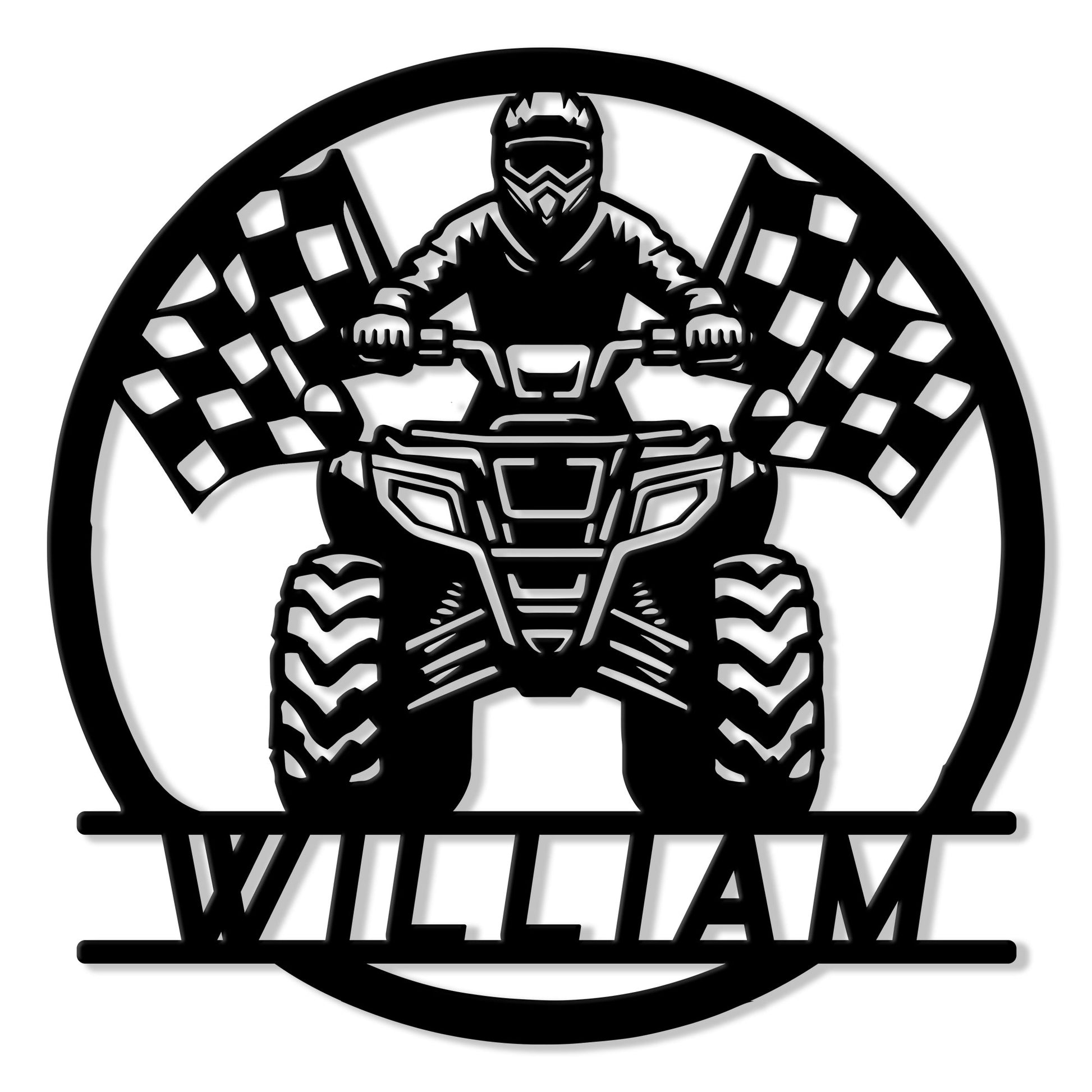 Custom ATV metal sign featuring a helmeted rider on a quad with racing flags in a bold black design