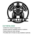 ATV rider metal sign feature graphic showing the quad bike design and product presentation details