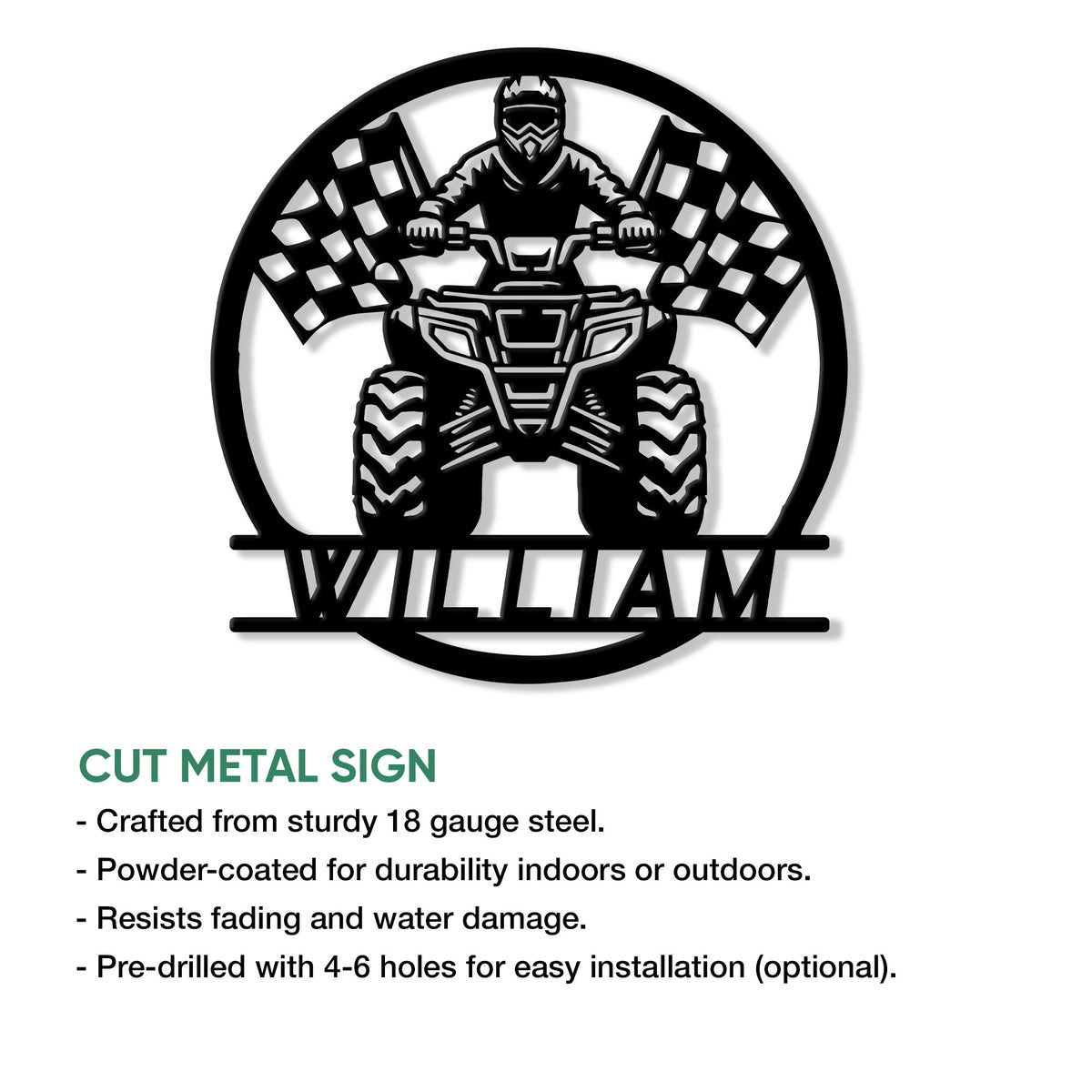 ATV rider metal sign feature graphic showing the quad bike design and product presentation details