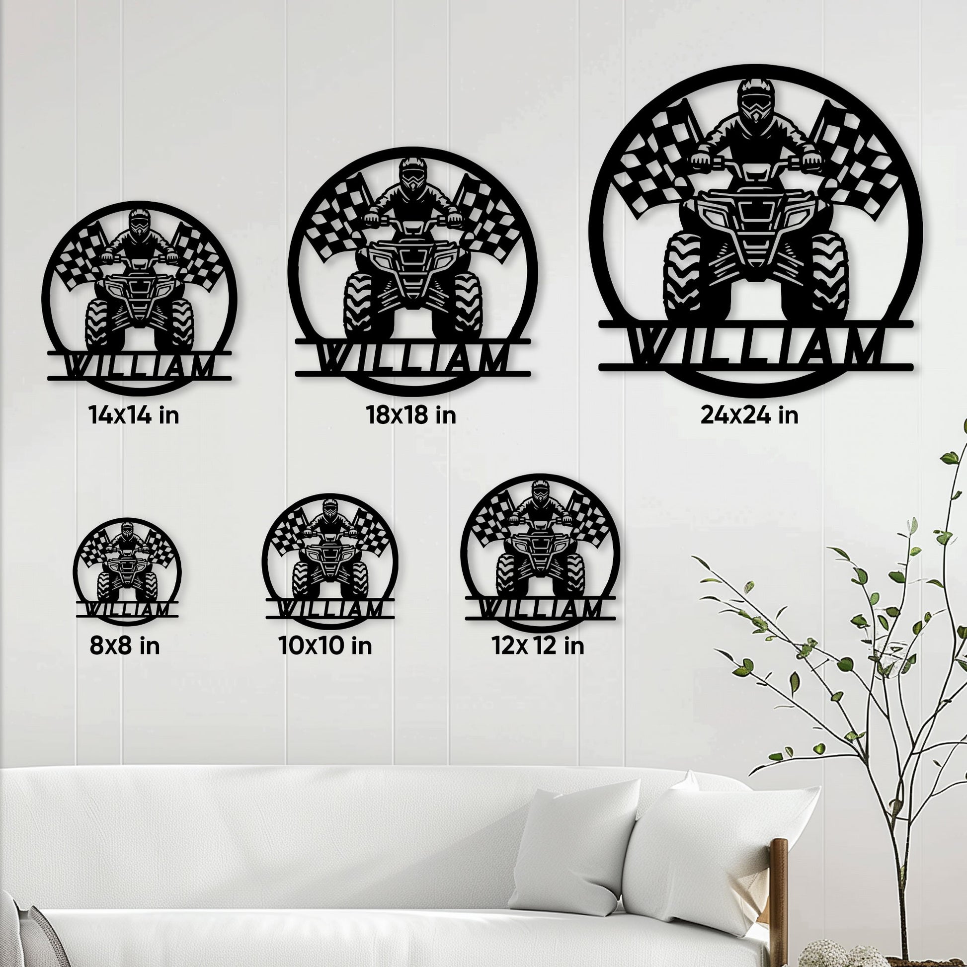 ATV metal sign size guide showing available square sizes from 8 by 8 to 24 by 24 inches