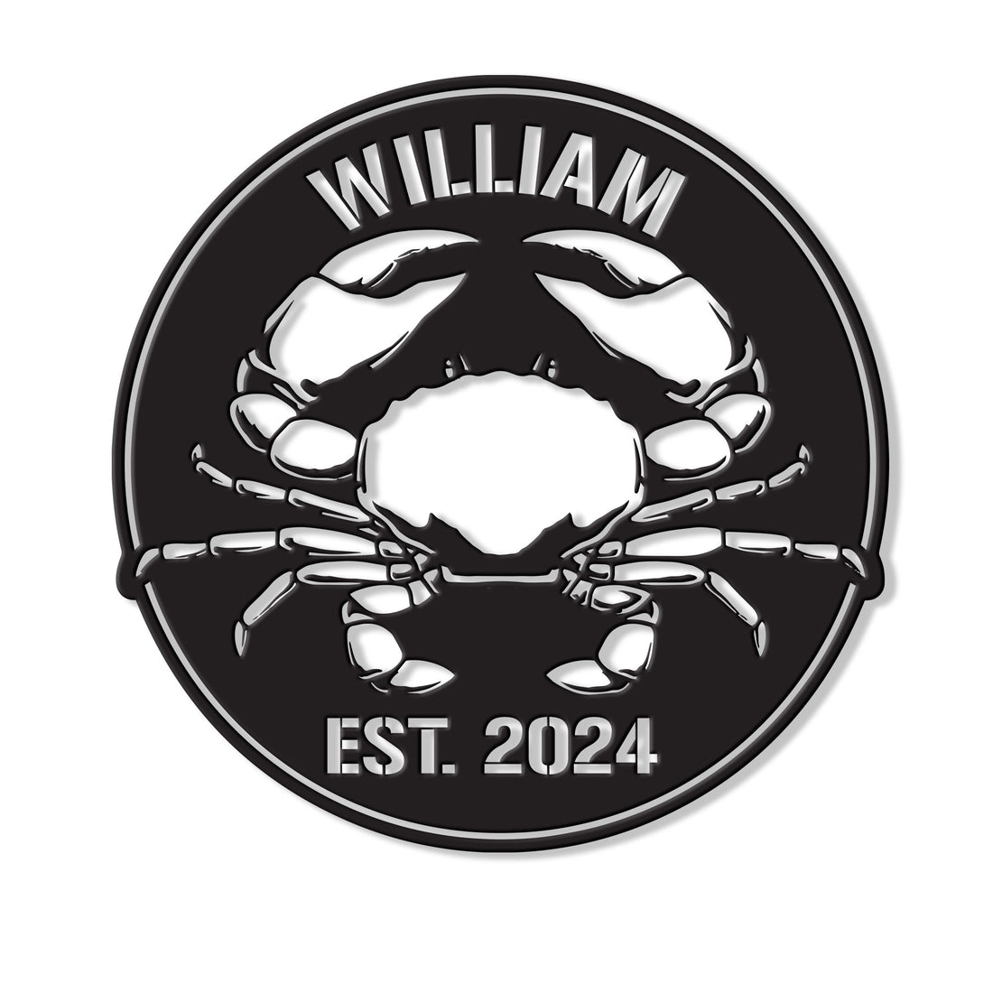 Round custom crab metal sign featuring a bold black-and-white crab illustration