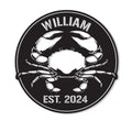 Round custom crab metal sign featuring a bold black-and-white crab illustration