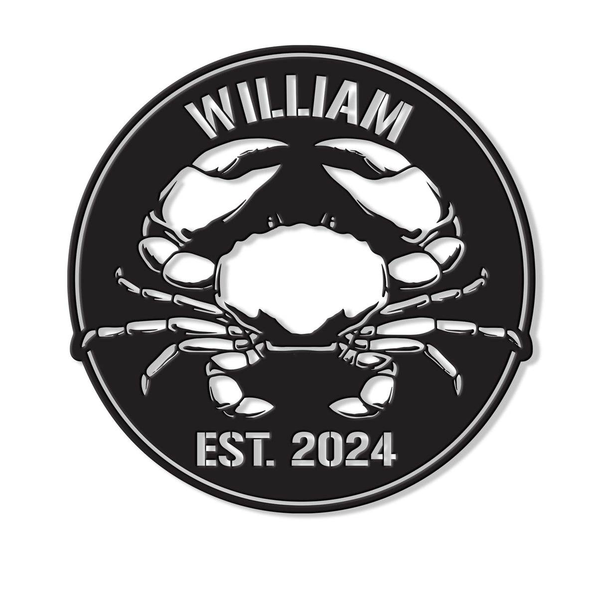 Round custom crab metal sign featuring a bold black-and-white crab illustration
