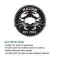 Crab metal sign product details infographic showing cut-steel construction and hanging options