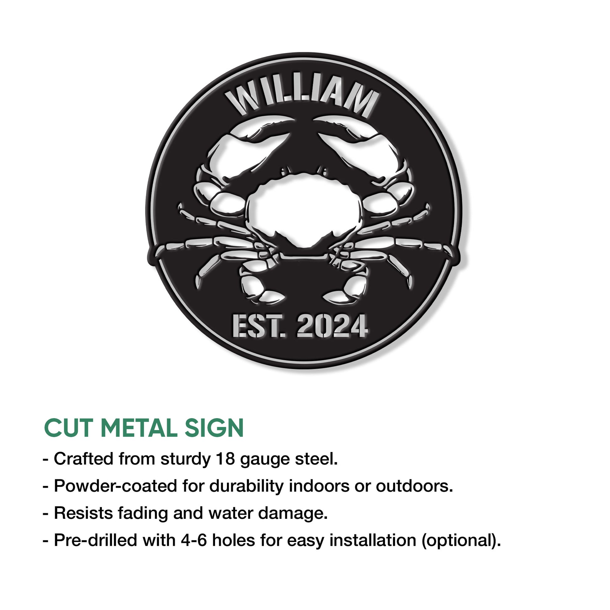 Crab metal sign product details infographic showing cut-steel construction and hanging options