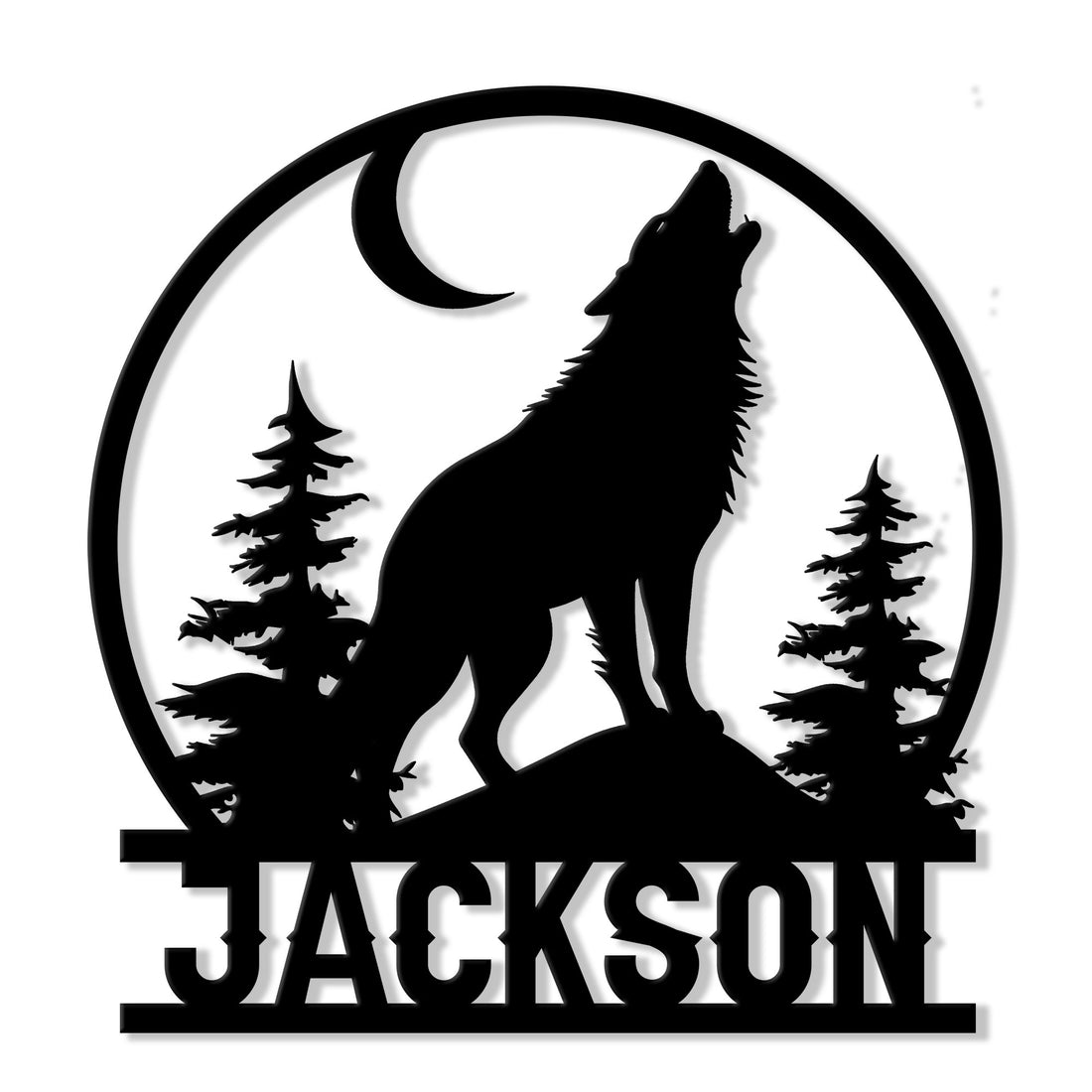 Custom wolf silhouette metal sign featuring a howling wolf, crescent moon, and pine forest scene