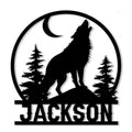 Custom wolf silhouette metal sign featuring a howling wolf, crescent moon, and pine forest scene