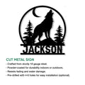 Wolf metal sign artwork shown with a howling woodland silhouette and product feature information