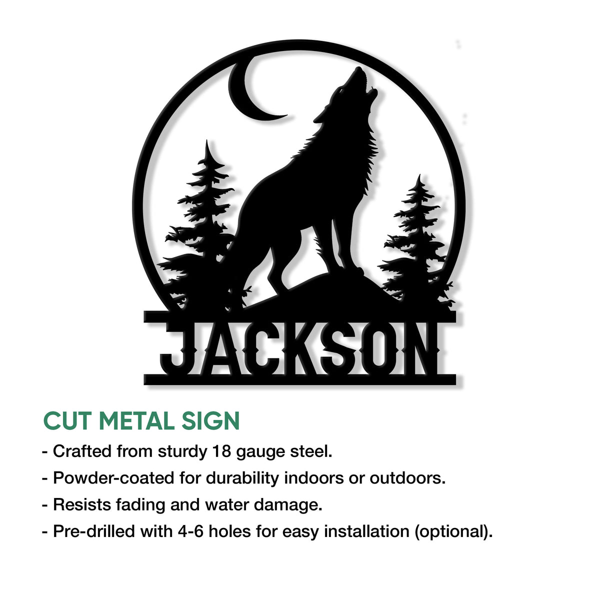 Wolf metal sign artwork shown with a howling woodland silhouette and product feature information