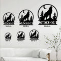 Wolf metal sign size guide showing the woodland design in multiple square size options