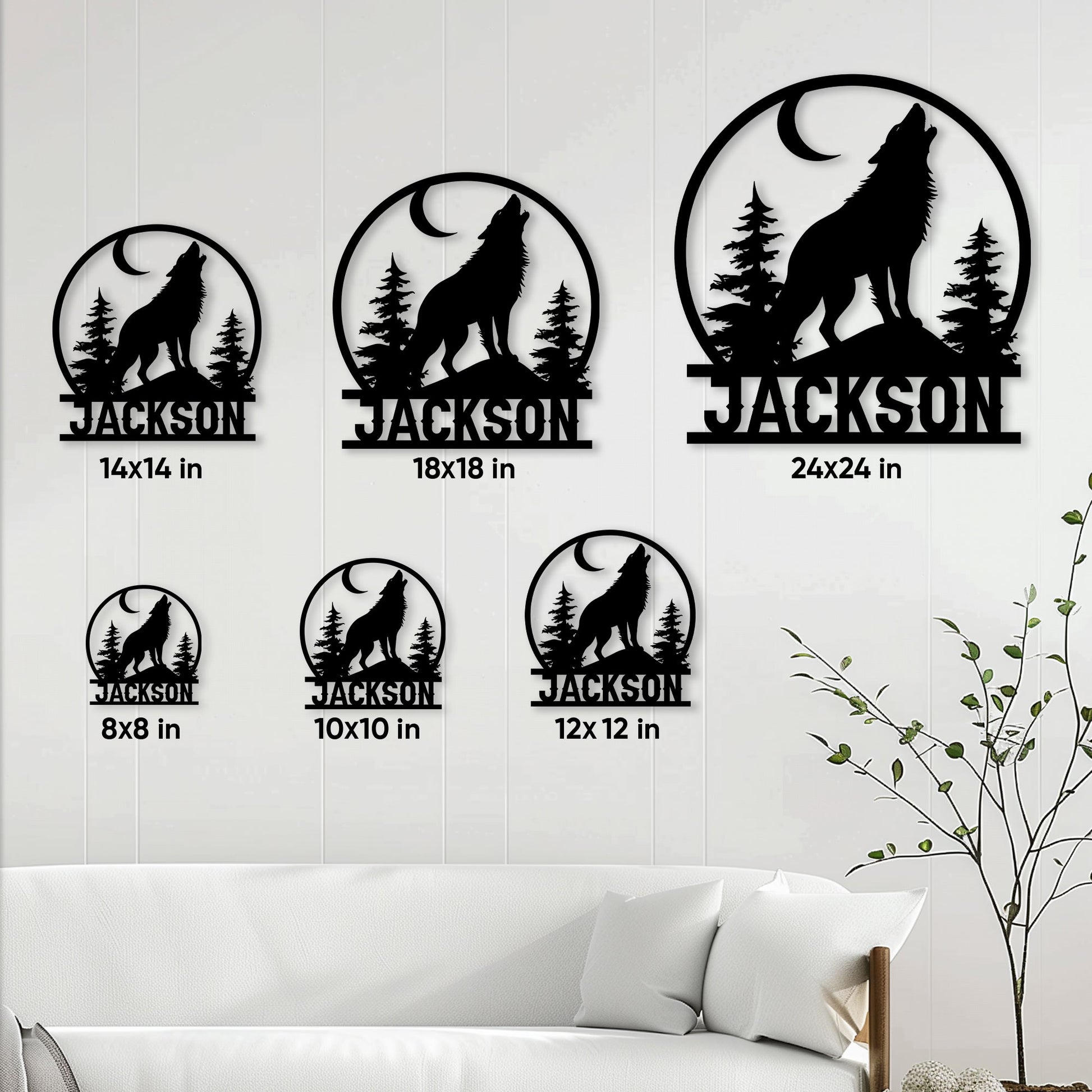 Wolf metal sign size guide showing the woodland design in multiple square size options