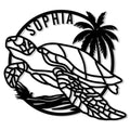 Sea turtle metal sign with a tropical palm tree and bold coastal silhouette design