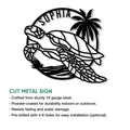 Sea turtle cut metal sign displayed with product feature information for indoor or outdoor decor