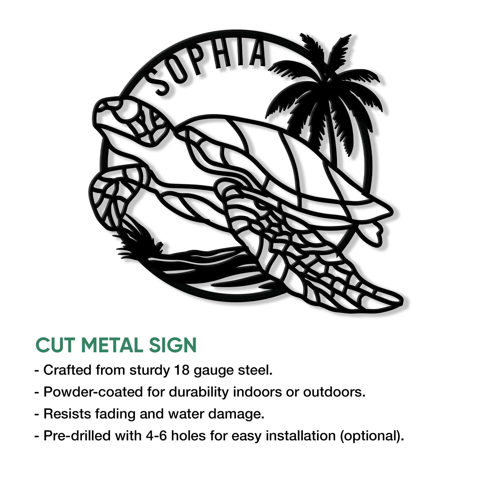 Sea turtle cut metal sign displayed with product feature information for indoor or outdoor decor