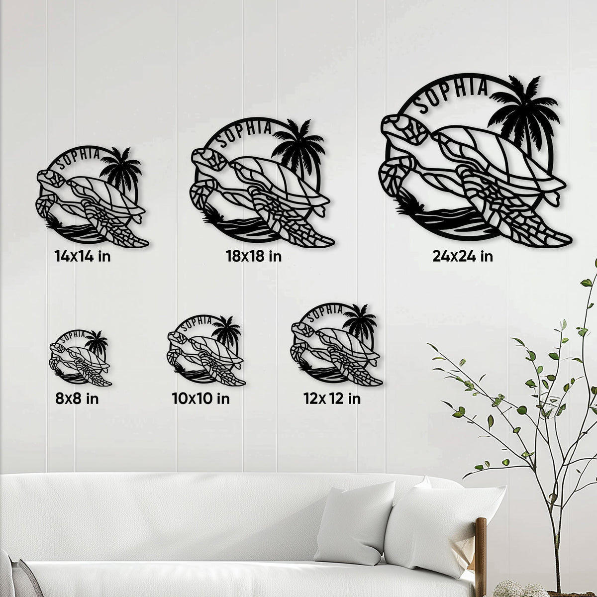 Sea turtle metal sign size guide showing available square sizes from 8 by 8 to 24 by 24 inches