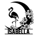Flamingo metal sign with a crescent moon and hibiscus flower silhouette for tropical wall decor