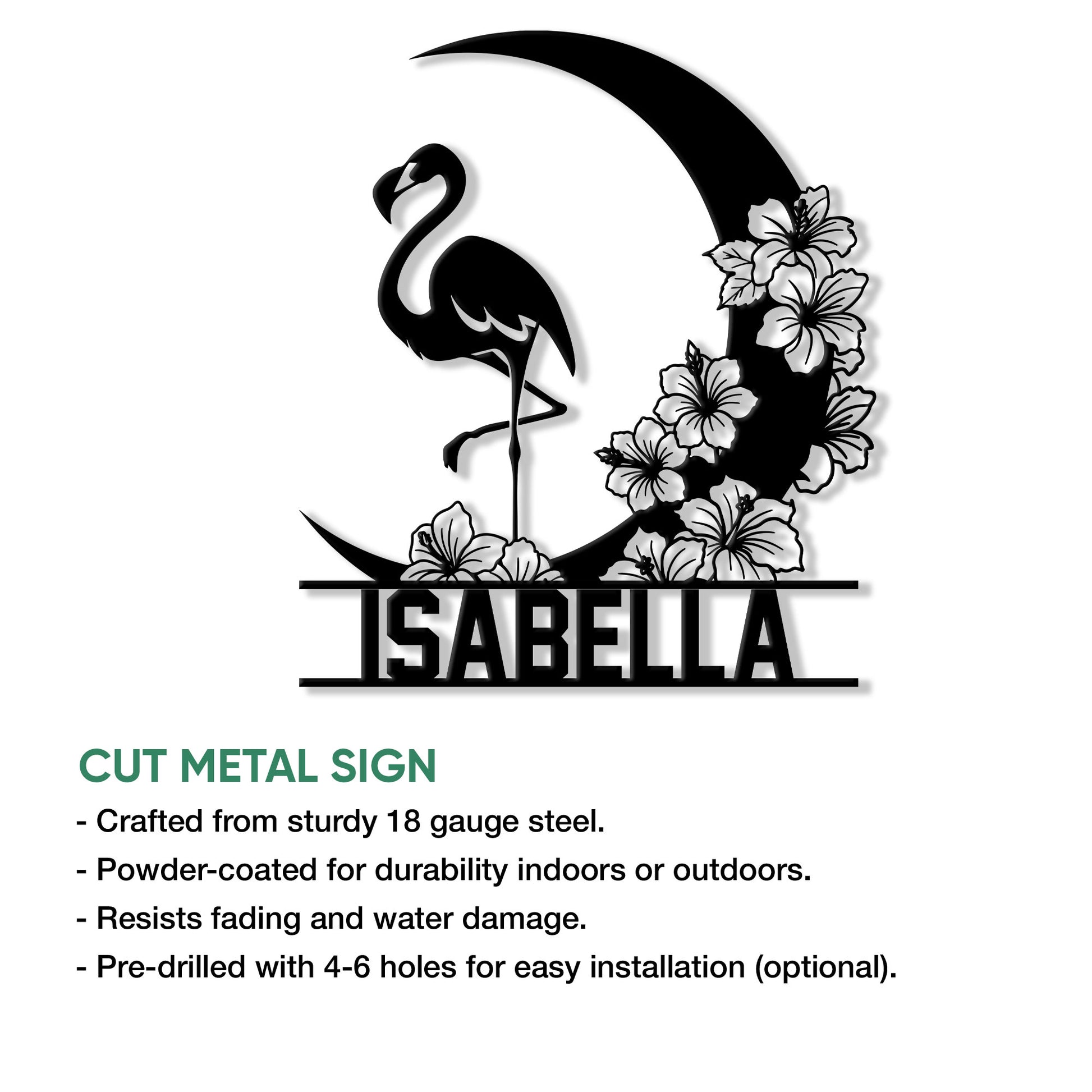 Flamingo cut metal sign featuring a tropical floral design and bold decorative name styling