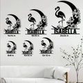 Flamingo metal sign size guide showing multiple square size options in a bright living room