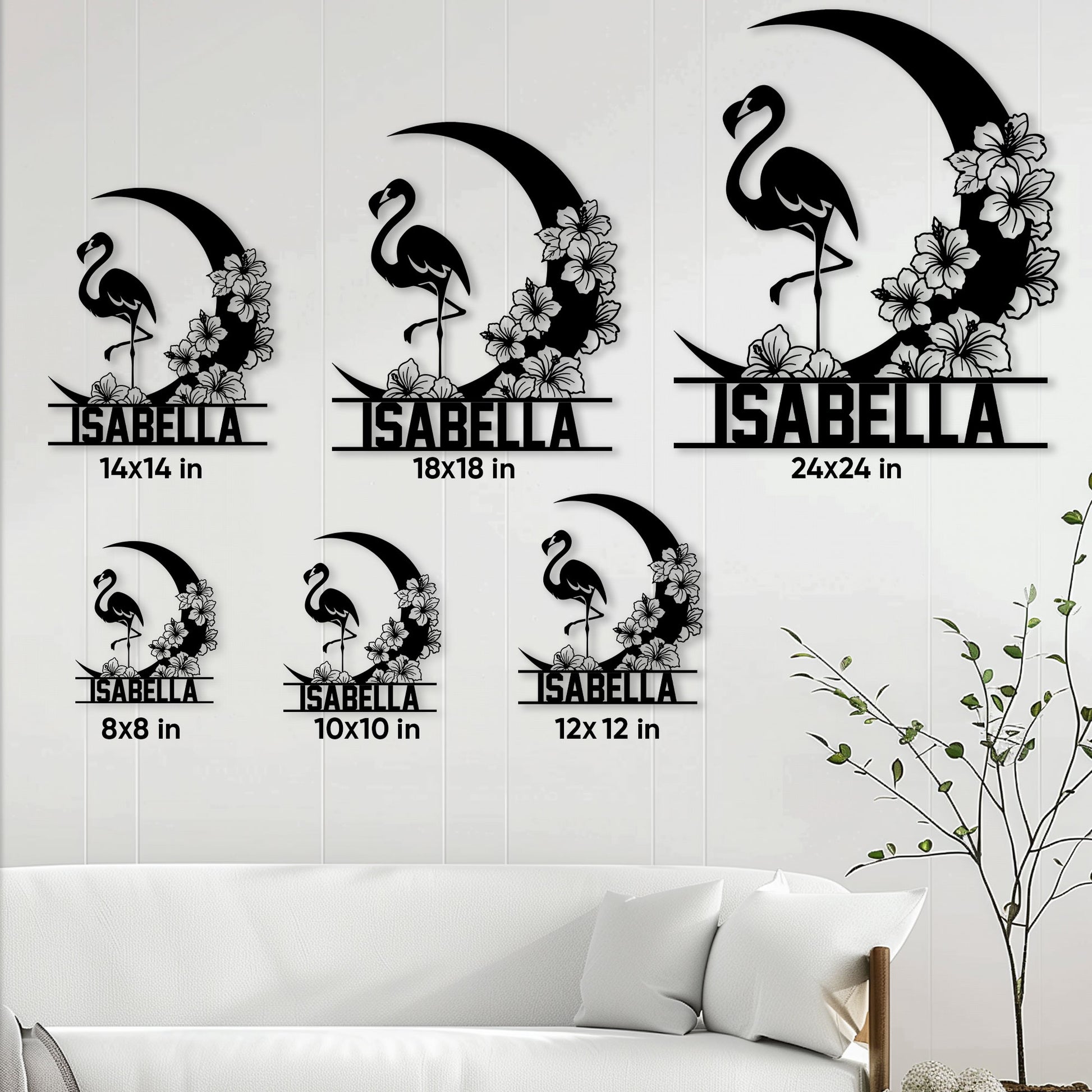 Flamingo metal sign size guide showing multiple square size options in a bright living room