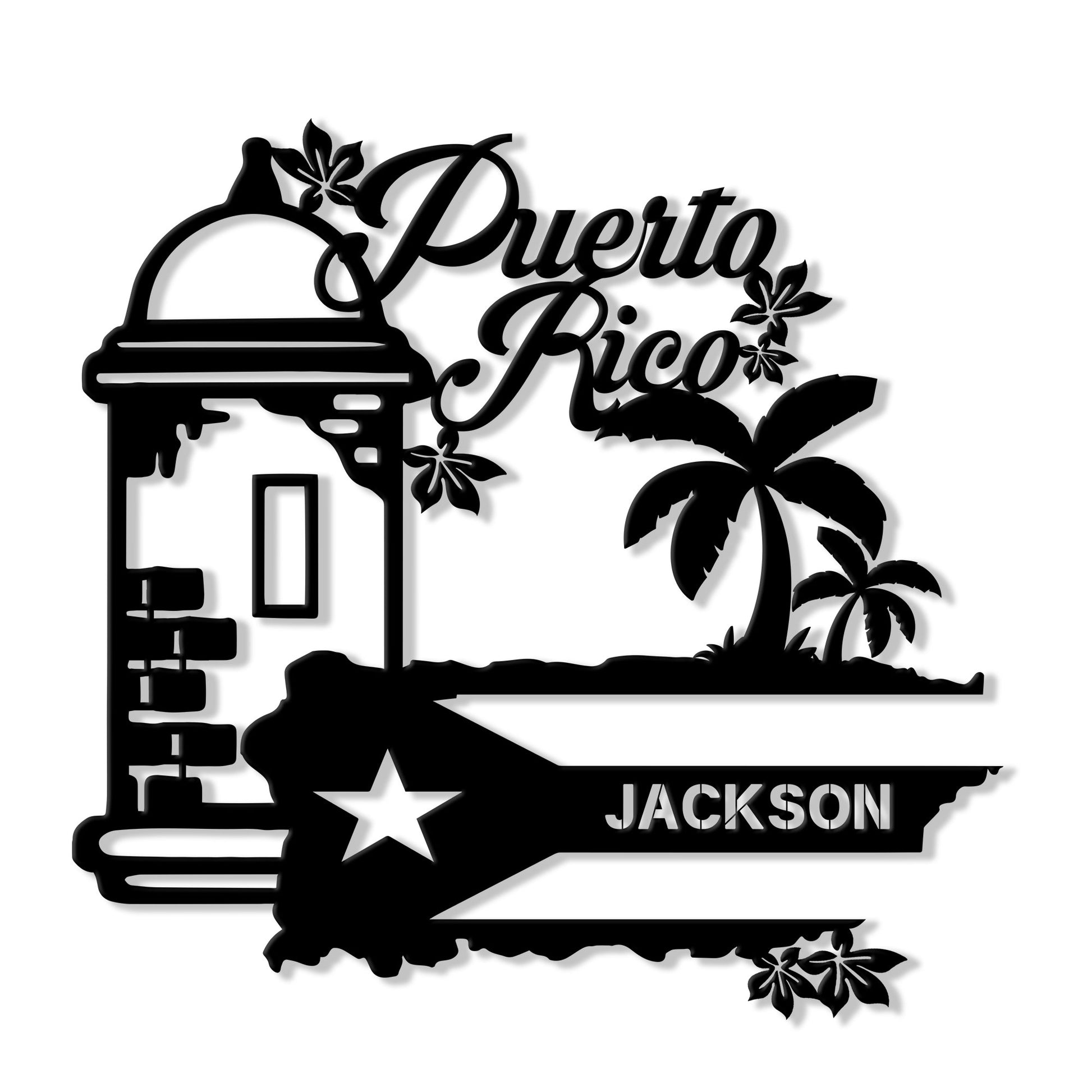 Puerto Rico metal sign featuring a tropical island silhouette, palm trees, Puerto Rican flag star, and landmark design