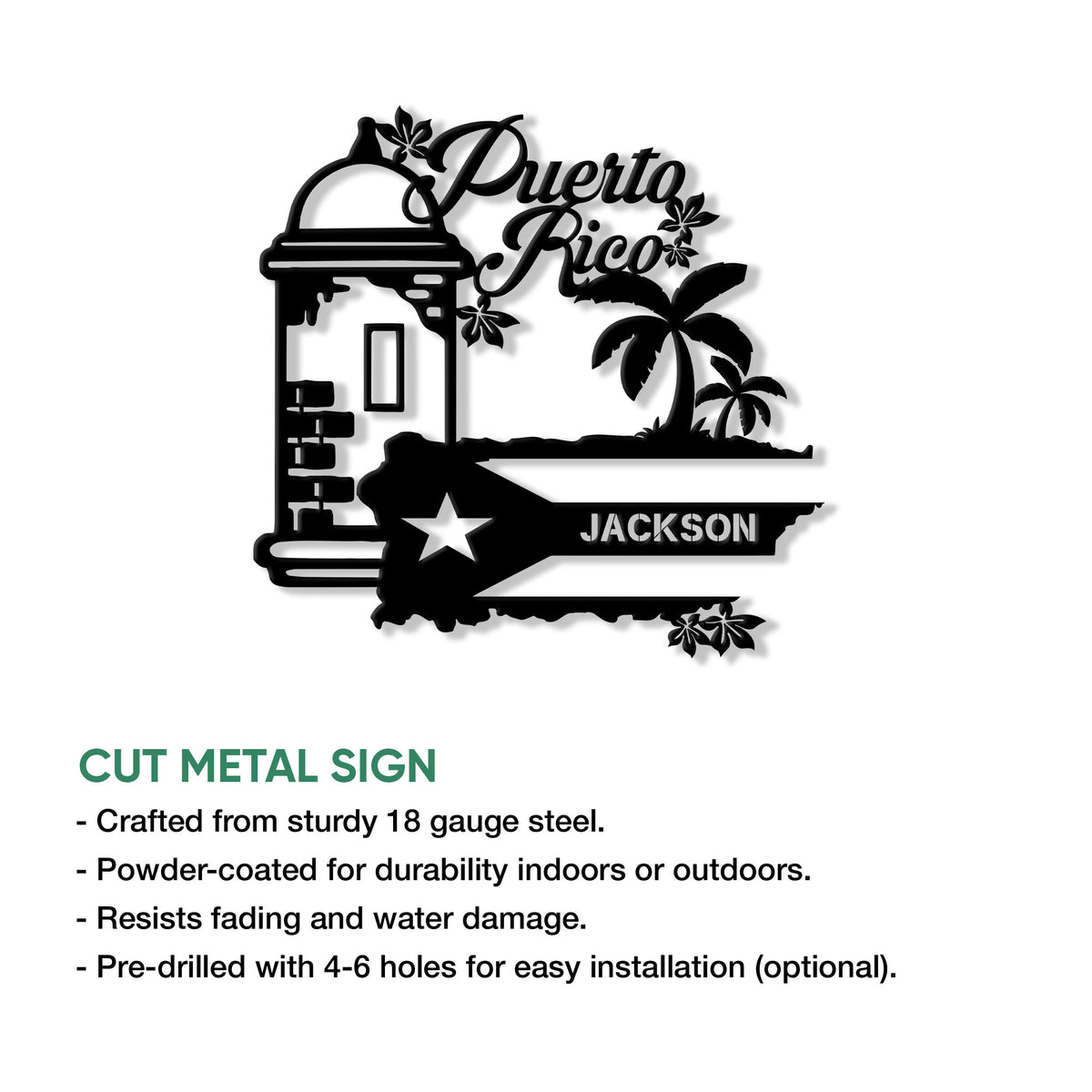 Puerto Rico cut metal sign showing tropical palms, an architectural landmark, and a Puerto Rican flag motif