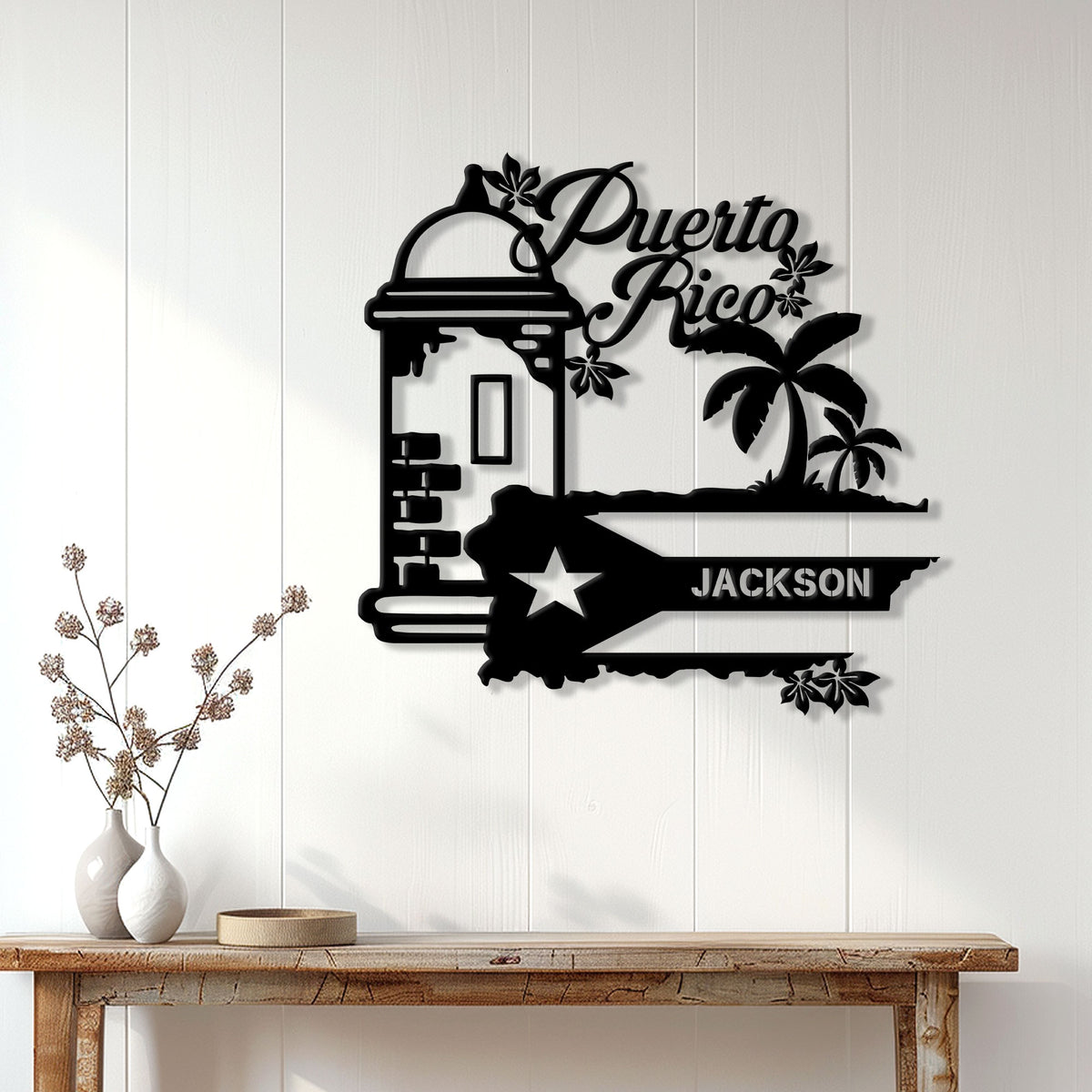 Puerto Rico wall decor displayed on a light paneled wall above a console table in a home setting