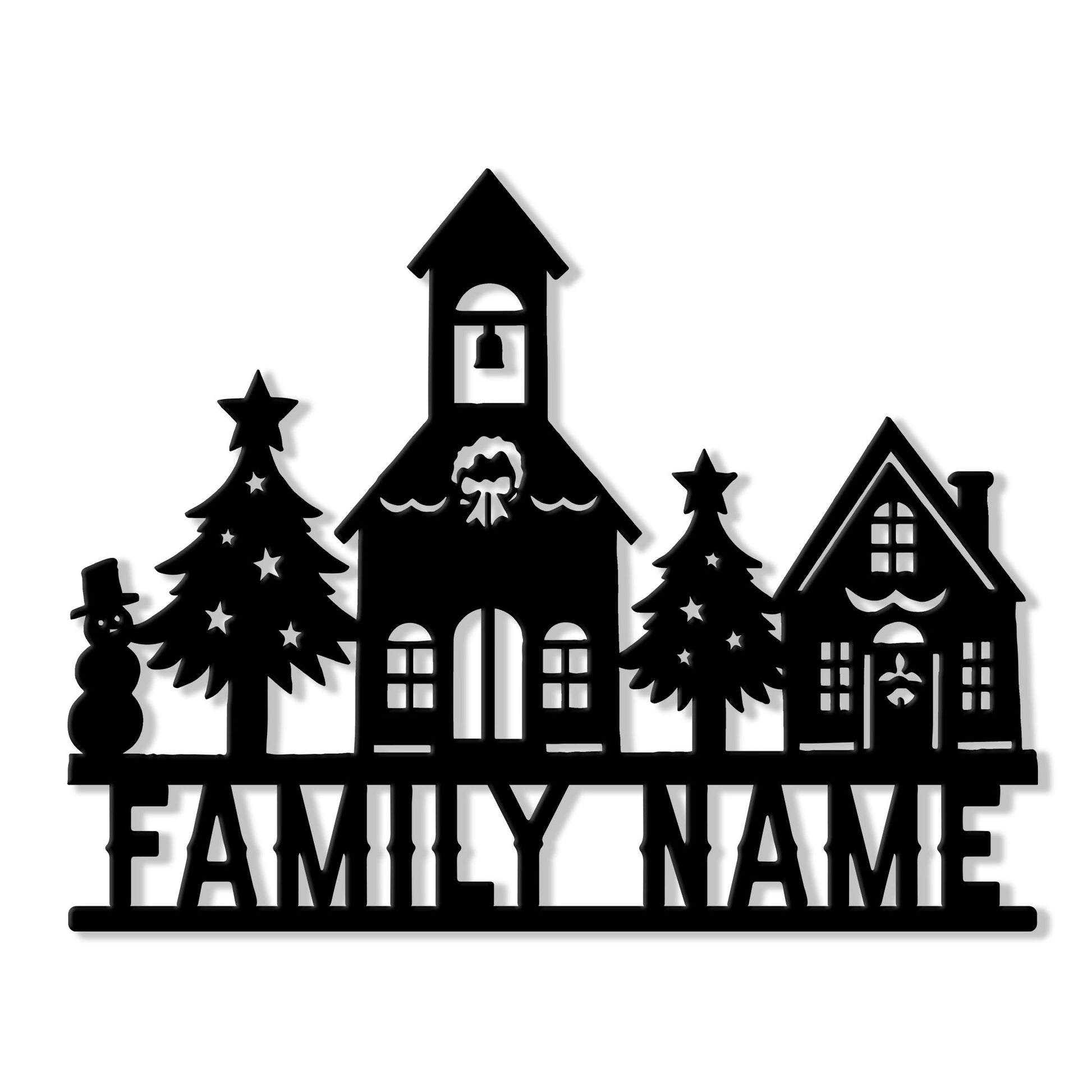 Black Christmas village metal sign featuring a church, snowy cottages, evergreen trees, stars, and a snowman silhouette