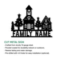 Christmas village cut metal sign shown with product feature information and a family-focused silhouette design