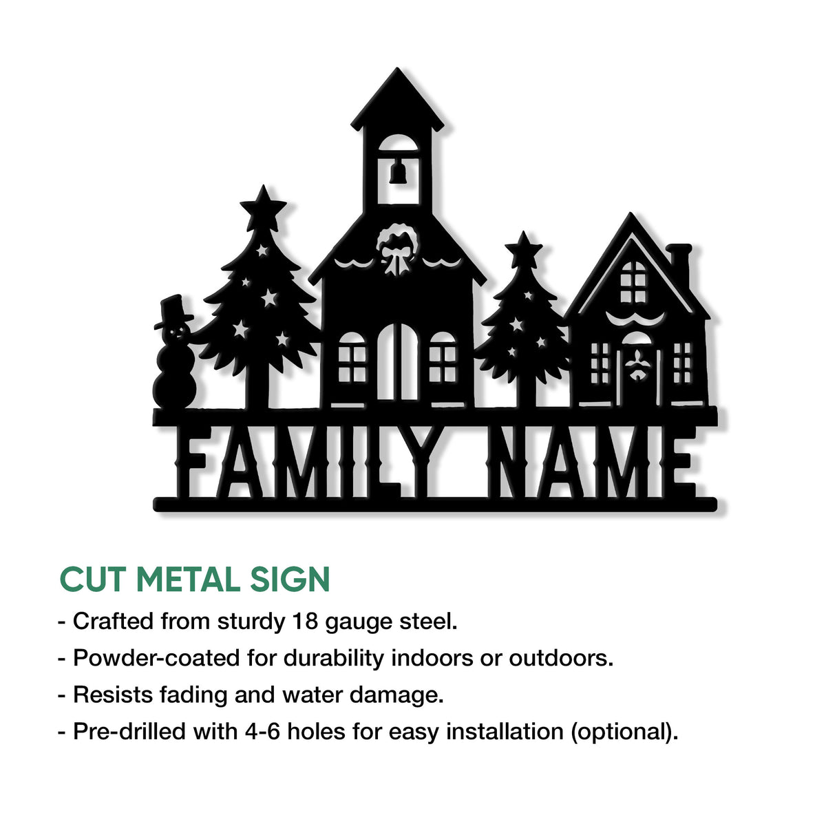 Christmas village cut metal sign shown with product feature information and a family-focused silhouette design