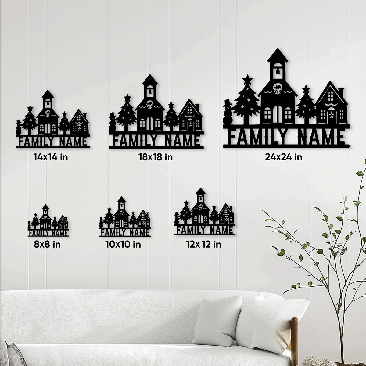Christmas village metal sign size guide showing several available square dimensions in a home interior
