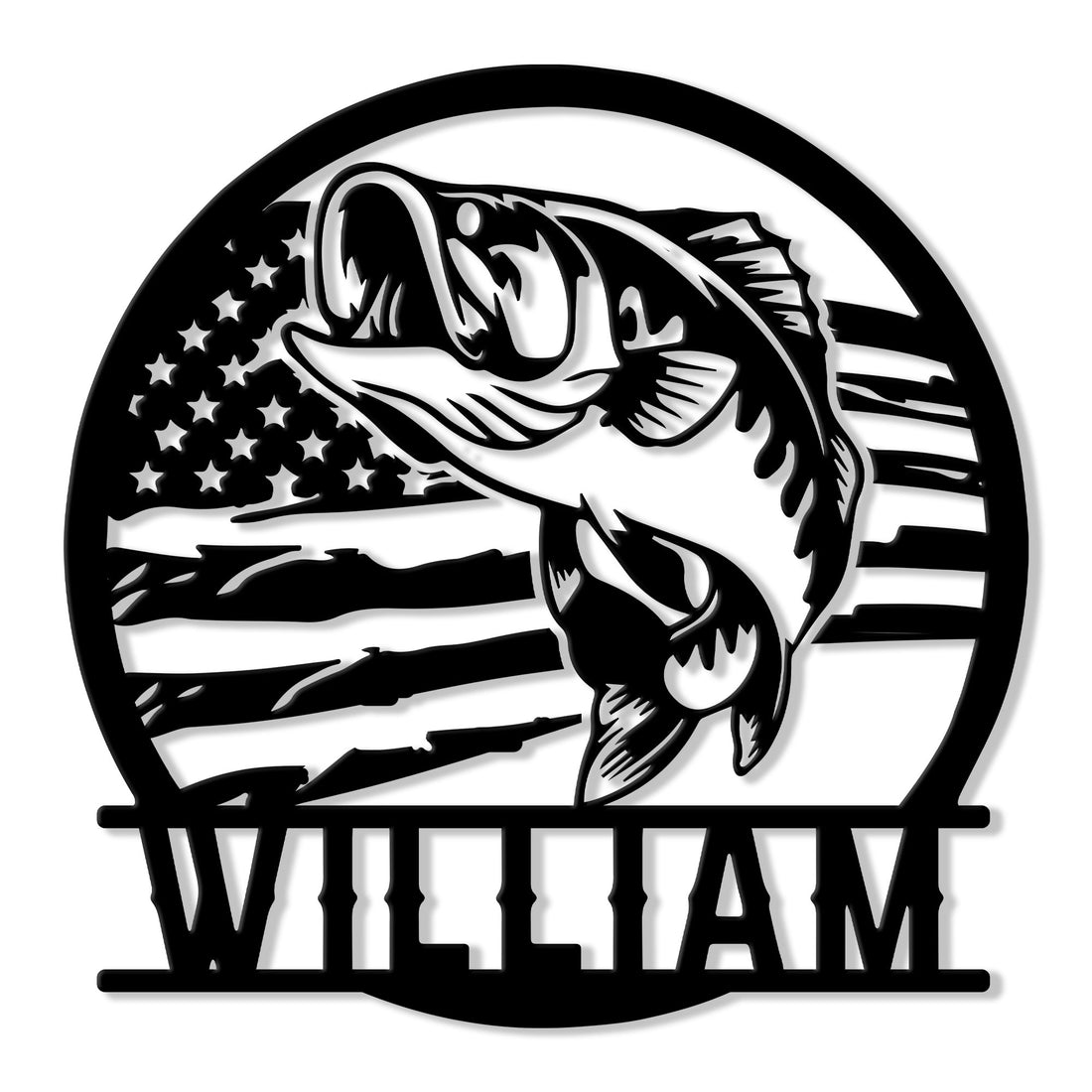 Black metal fishing sign featuring a leaping largemouth bass over a distressed American flag design