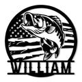 Black metal fishing sign featuring a leaping largemouth bass over a distressed American flag design