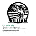 Bass fishing metal sign shown with a bold cutout design and patriotic flag background