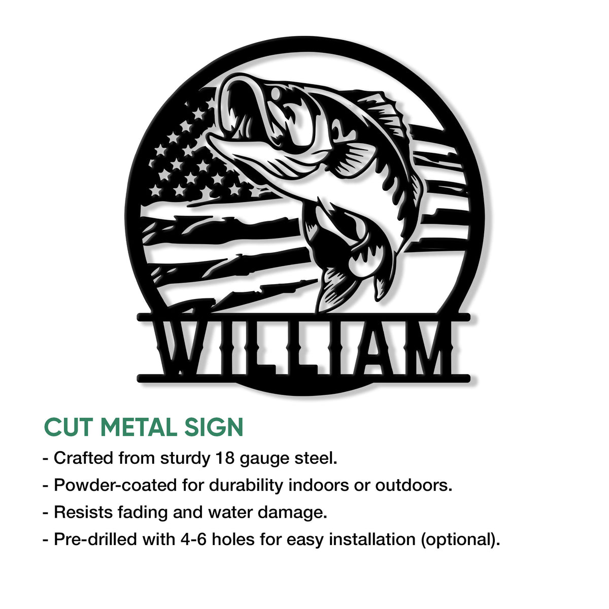 Bass fishing metal sign shown with a bold cutout design and patriotic flag background