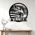 Bass fishing wall decor displayed above a console table in a bright home interior
